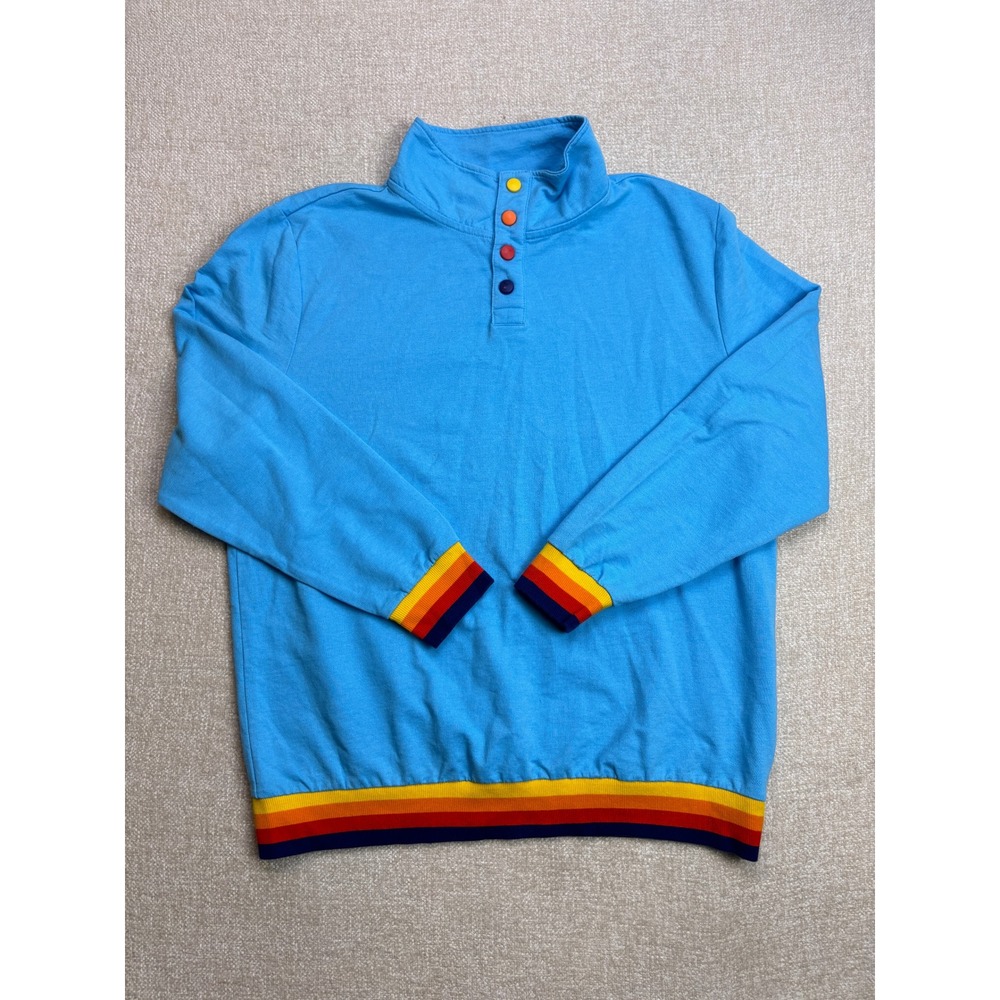 Aldi Gear Mens Blue Rainbow Striped Pullover Sweatshirt Multi Color Button Large